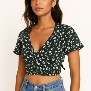 Saltwater Luxe Green Crop Blouse with Tie Back and Open Back Evergreen Size L